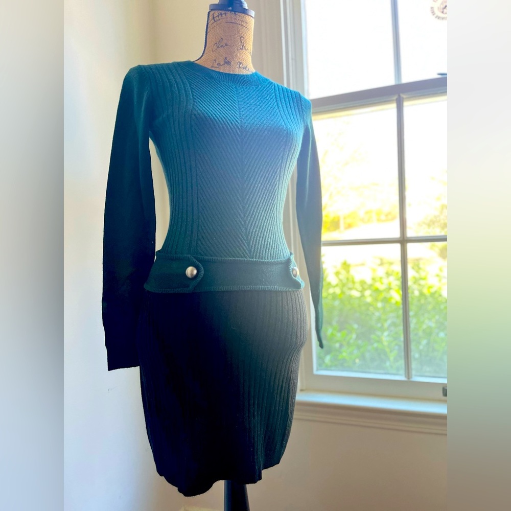 Emerald Green & Black Soft Wool Sweater Dress